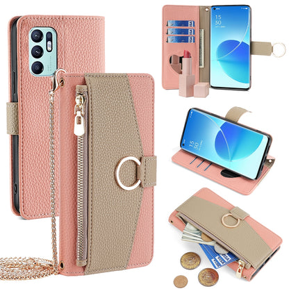 OPPO Reno6 4G Crossbody Phone Case with Litchi Texture Leather, Adjustable Kickstand, Card Slots, Zipper Purse, Makeup Mirror, and TPU Protection
