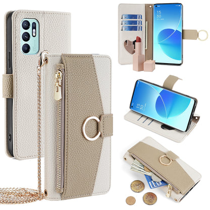 OPPO Reno6 4G Crossbody Phone Case with Litchi Texture Leather, Adjustable Kickstand, Card Slots, Zipper Purse, Makeup Mirror, and TPU Protection