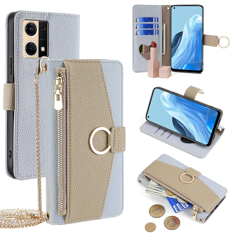 OPPO F21 Pro 4G Crossbody Phone Case with Litchi Texture Leather, Adjustable Kickstand, Card Slots, Zipper Purse, Makeup Mirror, and TPU Protection