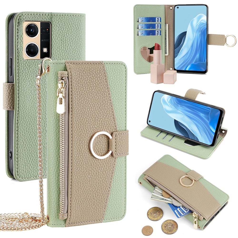 OPPO Reno7 4G Crossbody Phone Case with Litchi Texture Leather, Adjustable Kickstand, Card Slots, Zipper Purse, Makeup Mirror, and TPU Protection