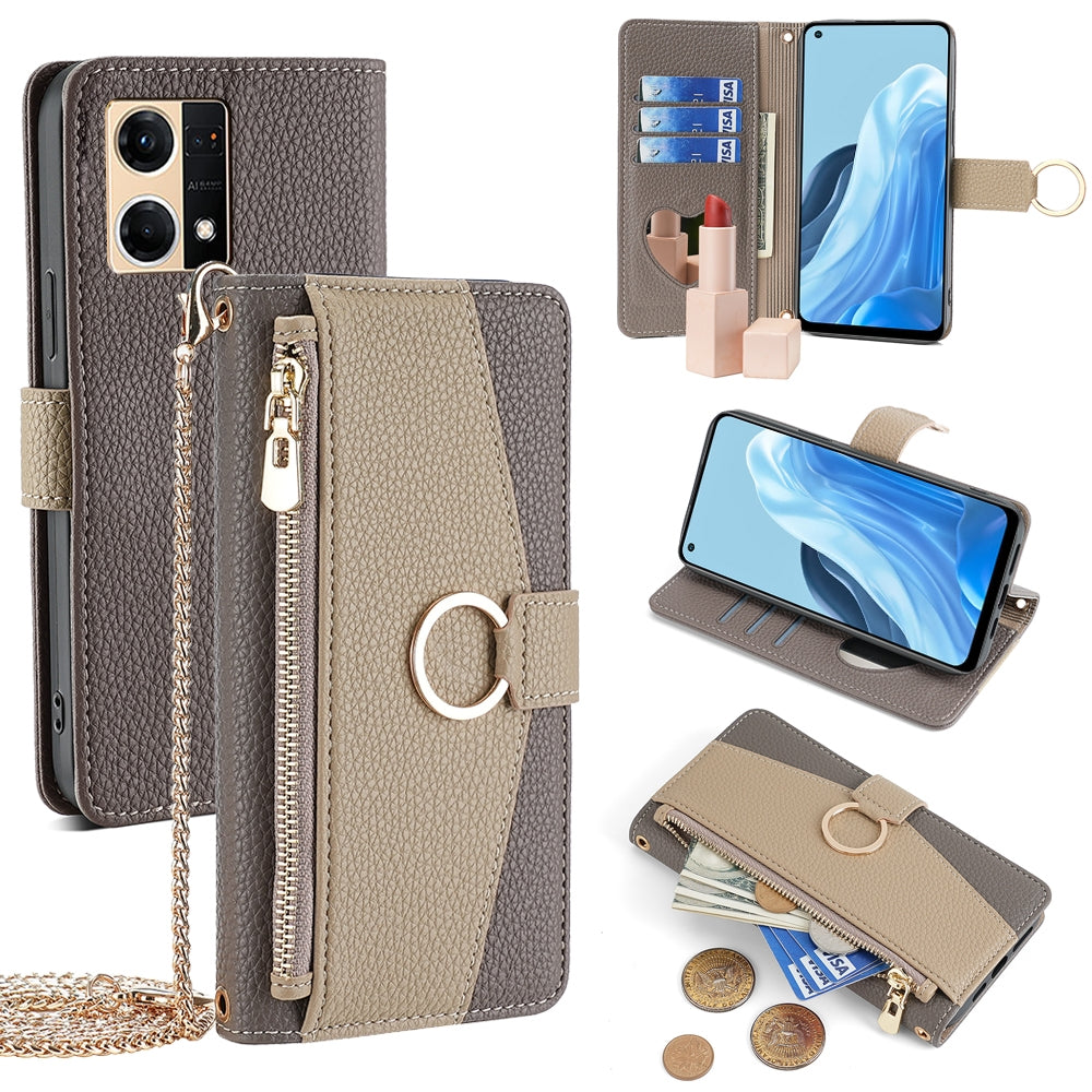 OPPO Reno7 4G Crossbody Phone Case with Litchi Texture Leather, Adjustable Kickstand, Card Slots, Zipper Purse, Makeup Mirror, and TPU Protection