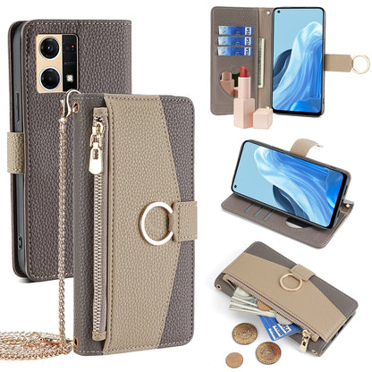 OPPO Reno7 4G Crossbody Phone Case with Litchi Texture Leather, Adjustable Kickstand, Card Slots, Zipper Purse, Makeup Mirror, and TPU Protection