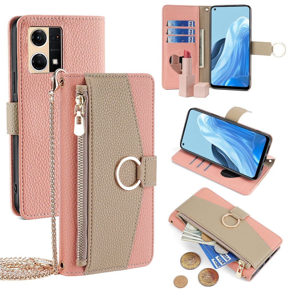 OPPO Reno7 4G Crossbody Phone Case with Litchi Texture Leather, Adjustable Kickstand, Card Slots, Zipper Purse, Makeup Mirror, and TPU Protection
