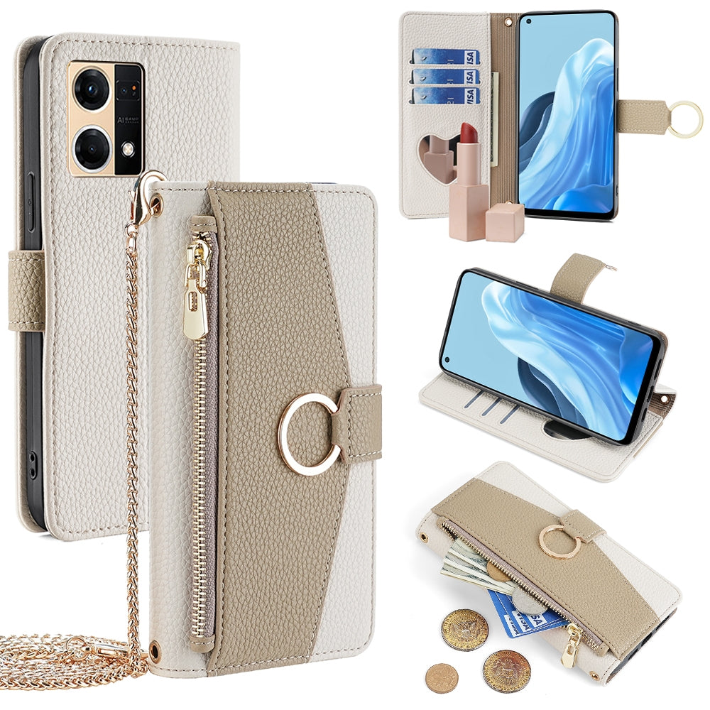 OPPO Reno7 4G Crossbody Phone Case with Litchi Texture Leather, Adjustable Kickstand, Card Slots, Zipper Purse, Makeup Mirror, and TPU Protection