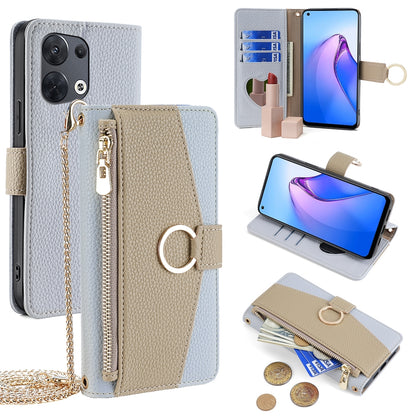 OPPO Reno8 5G Crossbody Phone Case with Litchi Texture Leather, Adjustable Kickstand, Card Slots, Zipper Purse, Makeup Mirror, and TPU Protection