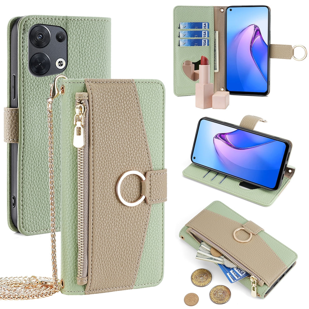 OPPO Reno8 5G Crossbody Phone Case with Litchi Texture Leather, Adjustable Kickstand, Card Slots, Zipper Purse, Makeup Mirror, and TPU Protection