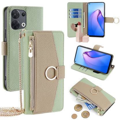 OPPO Reno8 5G Crossbody Phone Case with Litchi Texture Leather, Adjustable Kickstand, Card Slots, Zipper Purse, Makeup Mirror, and TPU Protection