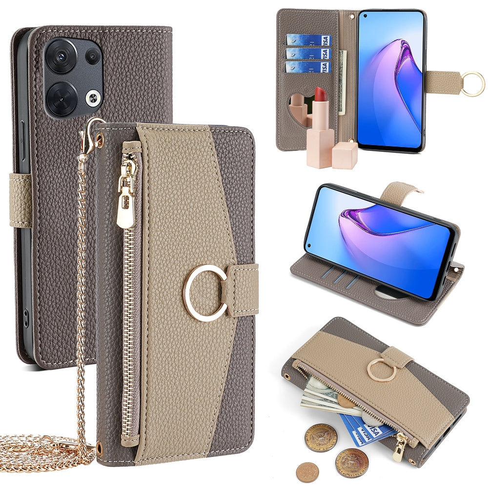 OPPO Reno8 5G Crossbody Phone Case with Litchi Texture Leather, Adjustable Kickstand, Card Slots, Zipper Purse, Makeup Mirror, and TPU Protection
