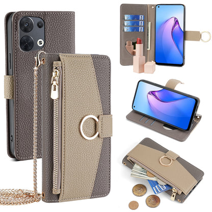 OPPO Reno8 5G Crossbody Phone Case with Litchi Texture Leather, Adjustable Kickstand, Card Slots, Zipper Purse, Makeup Mirror, and TPU Protection