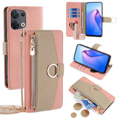 OPPO Reno8 5G Crossbody Phone Case with Litchi Texture Leather, Adjustable Kickstand, Card Slots, Zipper Purse, Makeup Mirror, and TPU Protection