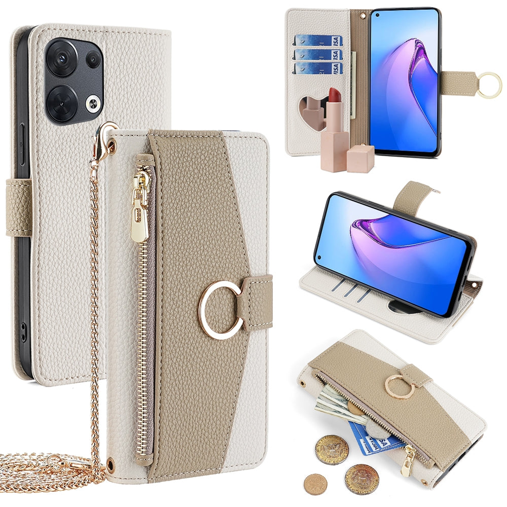 OPPO Reno8 5G Crossbody Phone Case with Litchi Texture Leather, Adjustable Kickstand, Card Slots, Zipper Purse, Makeup Mirror, and TPU Protection