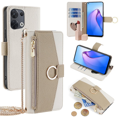 OPPO Reno8 5G Crossbody Phone Case with Litchi Texture Leather, Adjustable Kickstand, Card Slots, Zipper Purse, Makeup Mirror, and TPU Protection