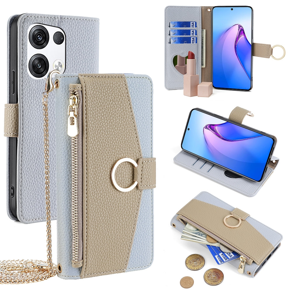 OPPO Reno8 Pro+ 5G Crossbody Phone Case with Litchi Texture Leather, Adjustable Kickstand, Card Slots, Zipper Purse, Makeup Mirror, and TPU Protection