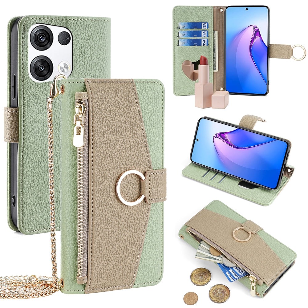 OPPO Reno8 Pro+ 5G Crossbody Phone Case with Litchi Texture Leather, Adjustable Kickstand, Card Slots, Zipper Purse, Makeup Mirror, and TPU Protection