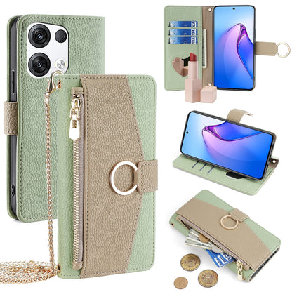 OPPO Reno8 Pro+ 5G Crossbody Phone Case with Litchi Texture Leather, Adjustable Kickstand, Card Slots, Zipper Purse, Makeup Mirror, and TPU Protection