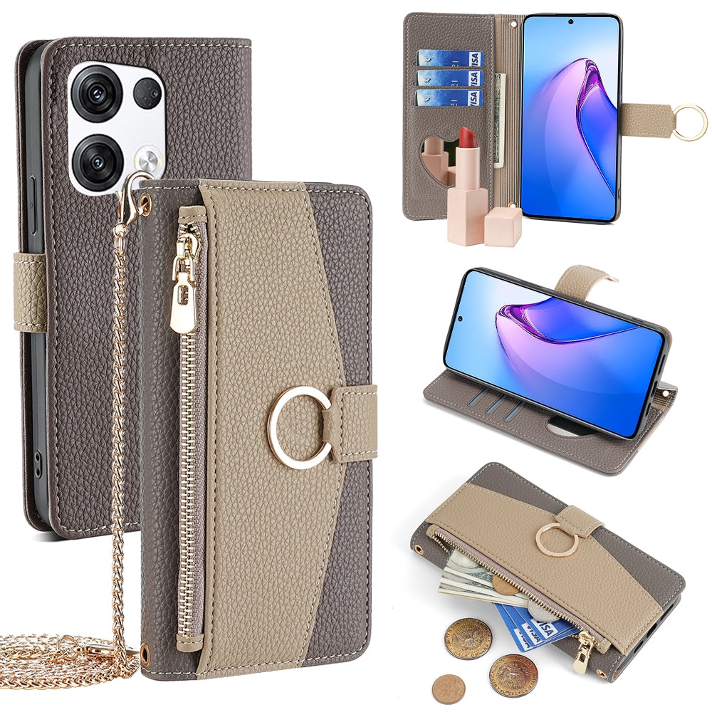 OPPO Reno8 Pro+ 5G Crossbody Phone Case with Litchi Texture Leather, Adjustable Kickstand, Card Slots, Zipper Purse, Makeup Mirror, and TPU Protection