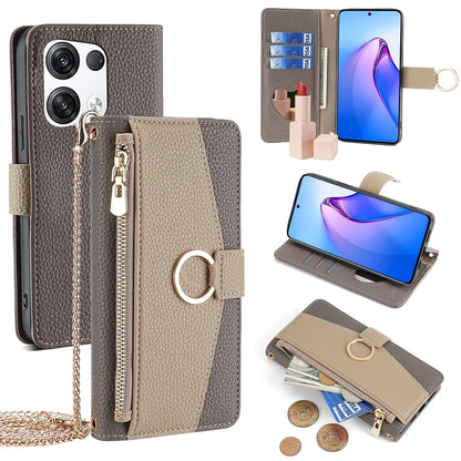 OPPO Reno8 Pro+ 5G Crossbody Phone Case with Litchi Texture Leather, Adjustable Kickstand, Card Slots, Zipper Purse, Makeup Mirror, and TPU Protection