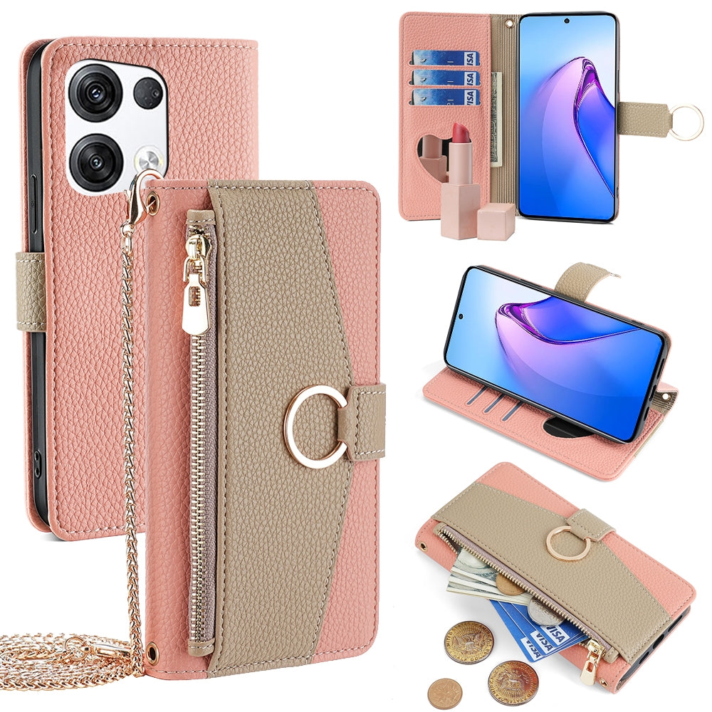 OPPO Reno8 Pro+ 5G Crossbody Phone Case with Litchi Texture Leather, Adjustable Kickstand, Card Slots, Zipper Purse, Makeup Mirror, and TPU Protection