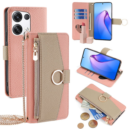 OPPO Reno8 Pro+ 5G Crossbody Phone Case with Litchi Texture Leather, Adjustable Kickstand, Card Slots, Zipper Purse, Makeup Mirror, and TPU Protection