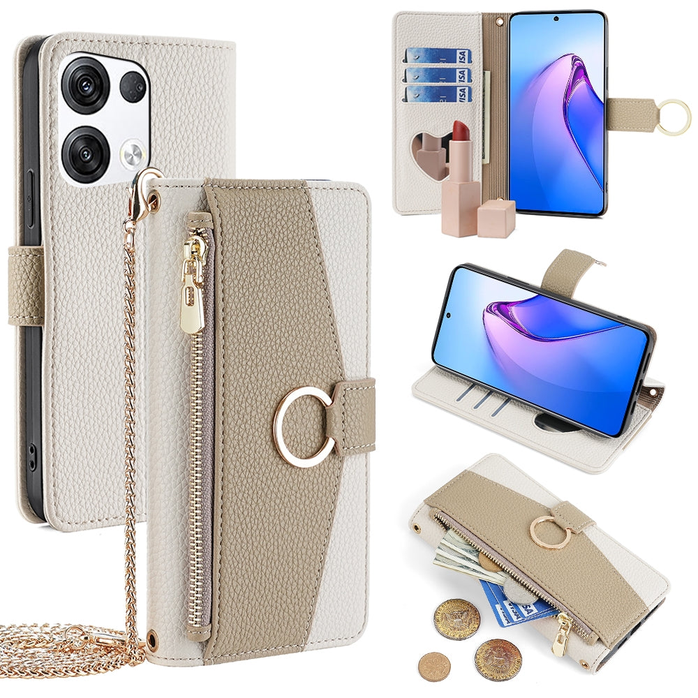 OPPO Reno8 Pro+ 5G Crossbody Phone Case with Litchi Texture Leather, Adjustable Kickstand, Card Slots, Zipper Purse, Makeup Mirror, and TPU Protection