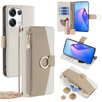 OPPO Reno8 Pro+ 5G Crossbody Phone Case with Litchi Texture Leather, Adjustable Kickstand, Card Slots, Zipper Purse, Makeup Mirror, and TPU Protection