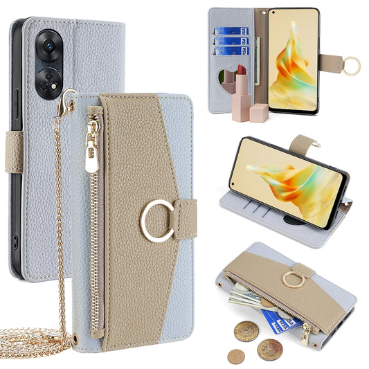 OPPO Reno8 T 4G Crossbody Phone Case with Litchi Texture Leather, Adjustable Kickstand, Card Slots, Zipper Purse, Makeup Mirror, and TPU Protection