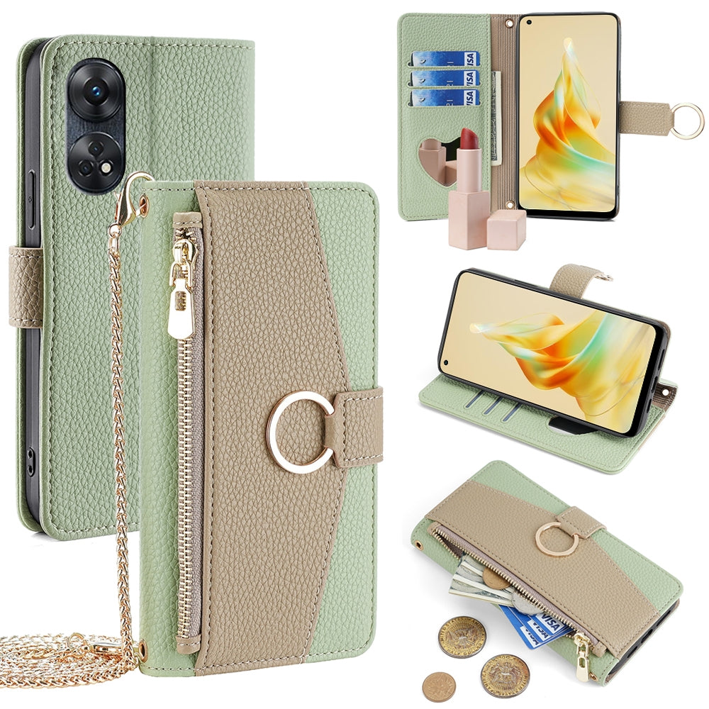 OPPO Reno8 T 4G Crossbody Phone Case with Litchi Texture Leather, Adjustable Kickstand, Card Slots, Zipper Purse, Makeup Mirror, and TPU Protection
