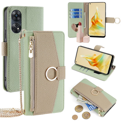 OPPO Reno8 T 4G Crossbody Phone Case with Litchi Texture Leather, Adjustable Kickstand, Card Slots, Zipper Purse, Makeup Mirror, and TPU Protection