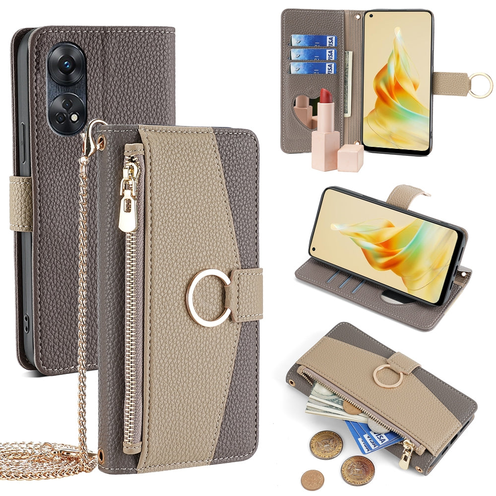 OPPO Reno8 T 4G Crossbody Phone Case with Litchi Texture Leather, Adjustable Kickstand, Card Slots, Zipper Purse, Makeup Mirror, and TPU Protection