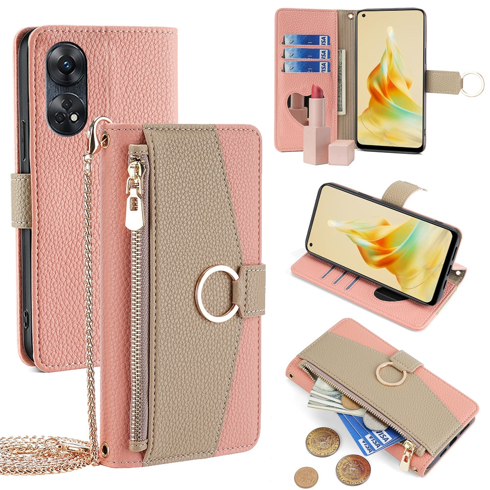 OPPO Reno8 T 4G Crossbody Phone Case with Litchi Texture Leather, Adjustable Kickstand, Card Slots, Zipper Purse, Makeup Mirror, and TPU Protection