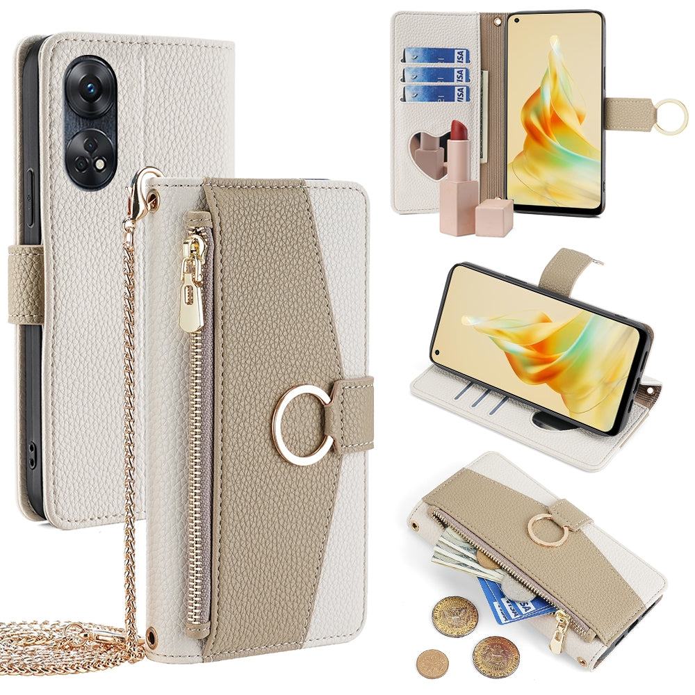 OPPO Reno8 T 4G Crossbody Phone Case with Litchi Texture Leather, Adjustable Kickstand, Card Slots, Zipper Purse, Makeup Mirror, and TPU Protection