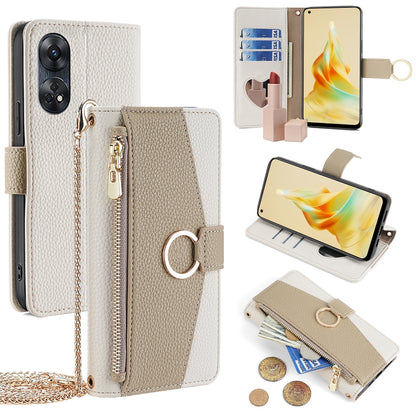 OPPO Reno8 T 4G Crossbody Phone Case with Litchi Texture Leather, Adjustable Kickstand, Card Slots, Zipper Purse, Makeup Mirror, and TPU Protection
