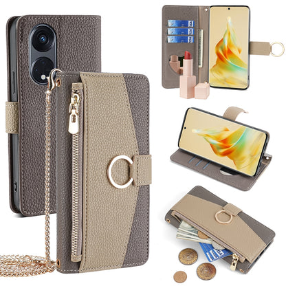 OPPO A1 Pro 5G Crossbody Phone Case with Litchi Texture Leather, Adjustable Kickstand, Card Slots, Zipper Purse, Makeup Mirror, and TPU Protection