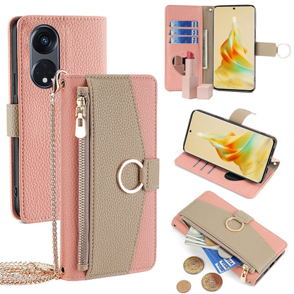 OPPO Reno8 T 5G Crossbody Phone Case with Litchi Texture Leather, Adjustable Kickstand, Card Slots, Zipper Purse, Makeup Mirror, and TPU Protection