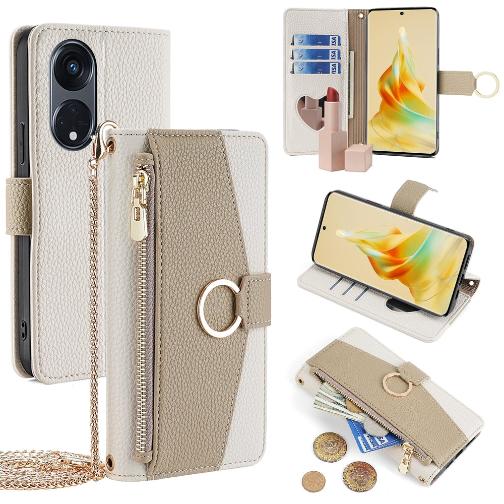 OPPO Reno8 T 5G Crossbody Phone Case with Litchi Texture Leather, Adjustable Kickstand, Card Slots, Zipper Purse, Makeup Mirror, and TPU Protection