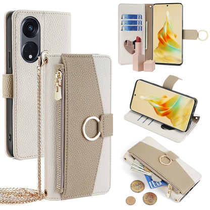 OPPO A1 Pro 5G Crossbody Phone Case with Litchi Texture Leather, Adjustable Kickstand, Card Slots, Zipper Purse, Makeup Mirror, and TPU Protection