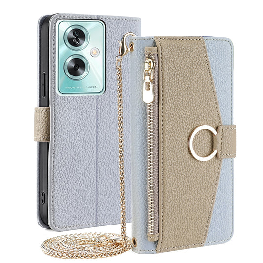 OPPO A79 5G Crossbody Phone Case with Litchi Texture Leather, Adjustable Kickstand, Card Slots, Zipper Purse, Makeup Mirror, and TPU Protection