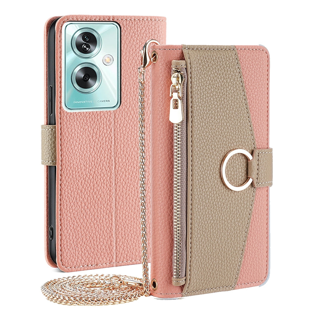 OPPO A79 5G Crossbody Phone Case with Litchi Texture Leather, Adjustable Kickstand, Card Slots, Zipper Purse, Makeup Mirror, and TPU Protection