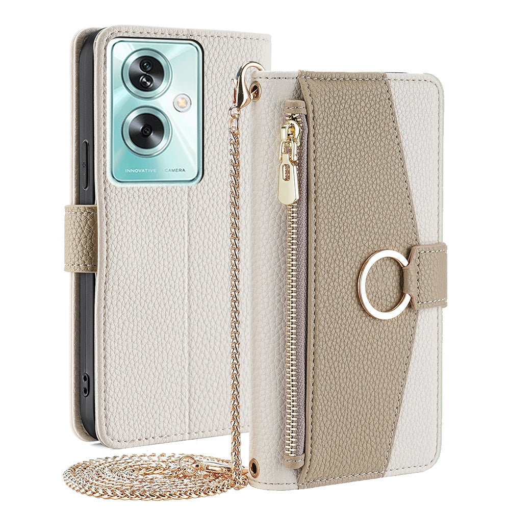 OPPO A79 5G Crossbody Phone Case with Litchi Texture Leather, Adjustable Kickstand, Card Slots, Zipper Purse, Makeup Mirror, and TPU Protection