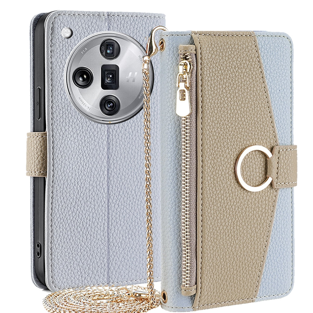 OPPO Find X7 Ultra 5G Crossbody Phone Case with Litchi Texture Leather, Adjustable Kickstand, Card Slots, Zipper Purse, Makeup Mirror, and TPU Protection