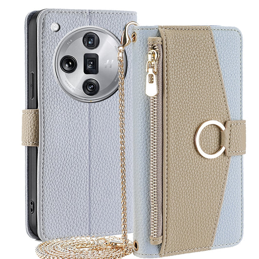 OPPO Find X7 Ultra 5G Crossbody Phone Case with Litchi Texture Leather, Adjustable Kickstand, Card Slots, Zipper Purse, Makeup Mirror, and TPU Protection