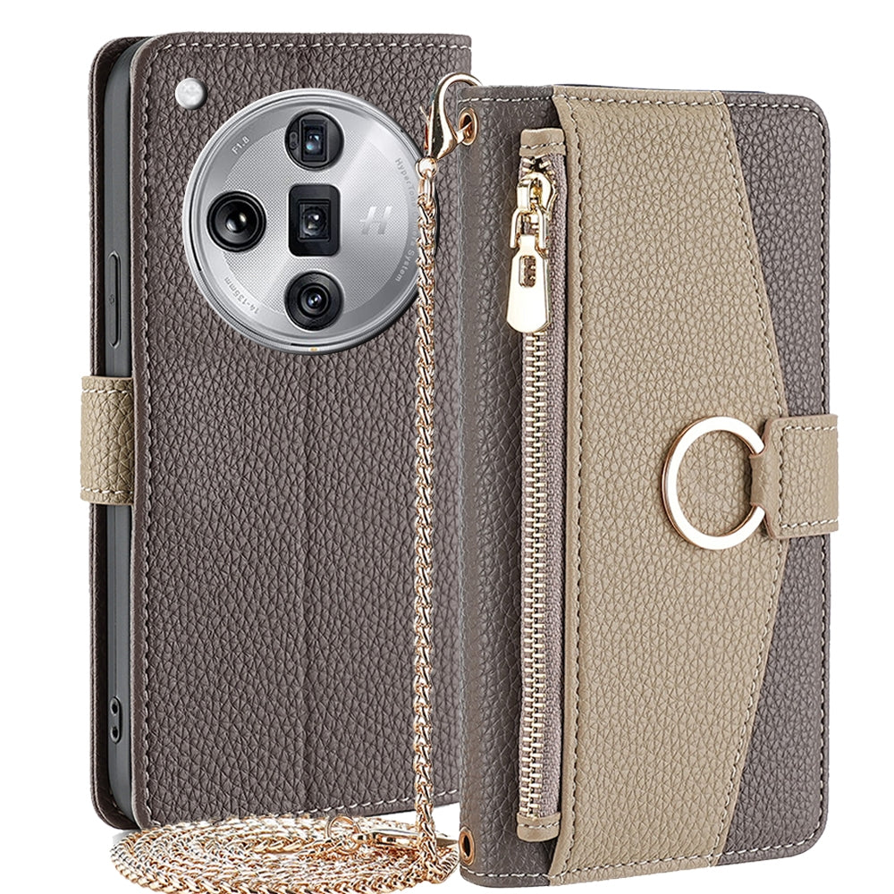 OPPO Find X7 Ultra 5G Crossbody Phone Case with Litchi Texture Leather, Adjustable Kickstand, Card Slots, Zipper Purse, Makeup Mirror, and TPU Protection