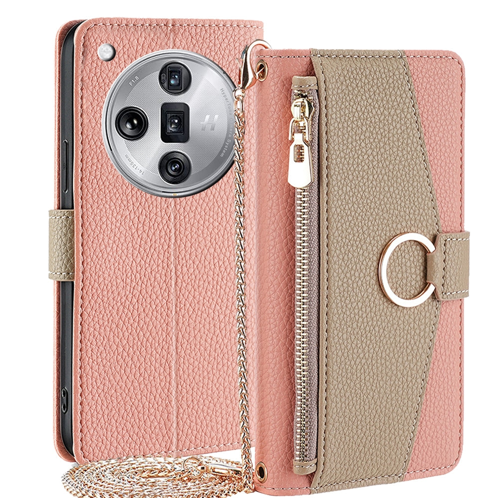 OPPO Find X7 Ultra 5G Crossbody Phone Case with Litchi Texture Leather, Adjustable Kickstand, Card Slots, Zipper Purse, Makeup Mirror, and TPU Protection