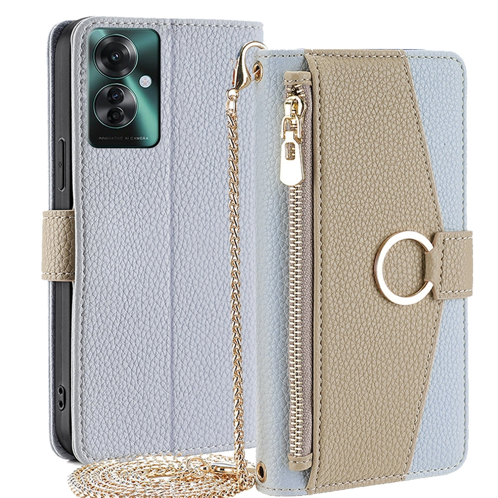 OPPO Reno11 F 5G Crossbody Phone Case with Litchi Texture Leather, Adjustable Kickstand, Card Slots, Zipper Purse, Makeup Mirror, and TPU Protection