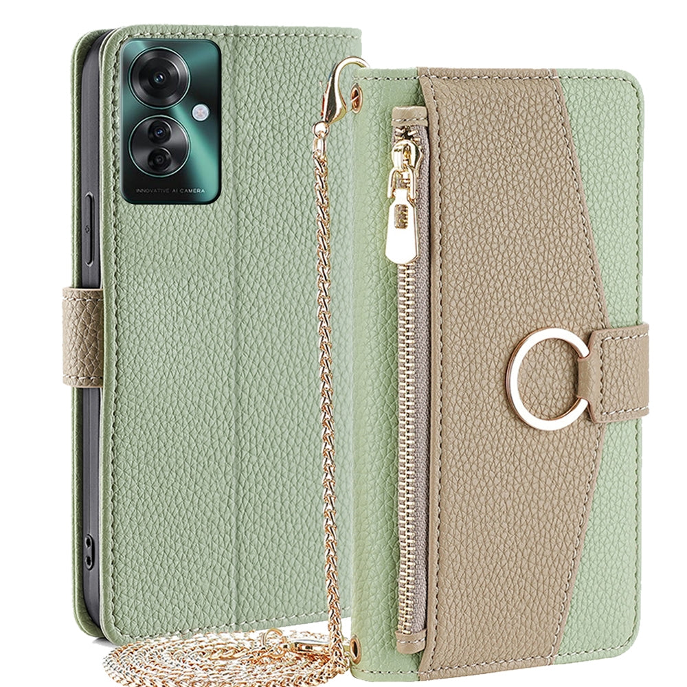 OPPO Reno11 F 5G Crossbody Phone Case with Litchi Texture Leather, Adjustable Kickstand, Card Slots, Zipper Purse, Makeup Mirror, and TPU Protection