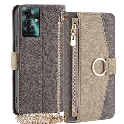 OPPO Reno11 F 5G Crossbody Phone Case with Litchi Texture Leather, Adjustable Kickstand, Card Slots, Zipper Purse, Makeup Mirror, and TPU Protection