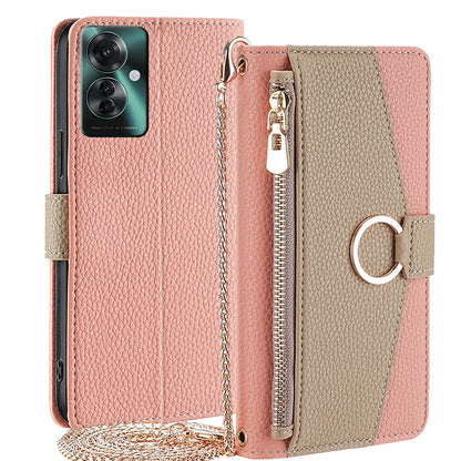 OPPO Reno11 F 5G Crossbody Phone Case with Litchi Texture Leather, Adjustable Kickstand, Card Slots, Zipper Purse, Makeup Mirror, and TPU Protection