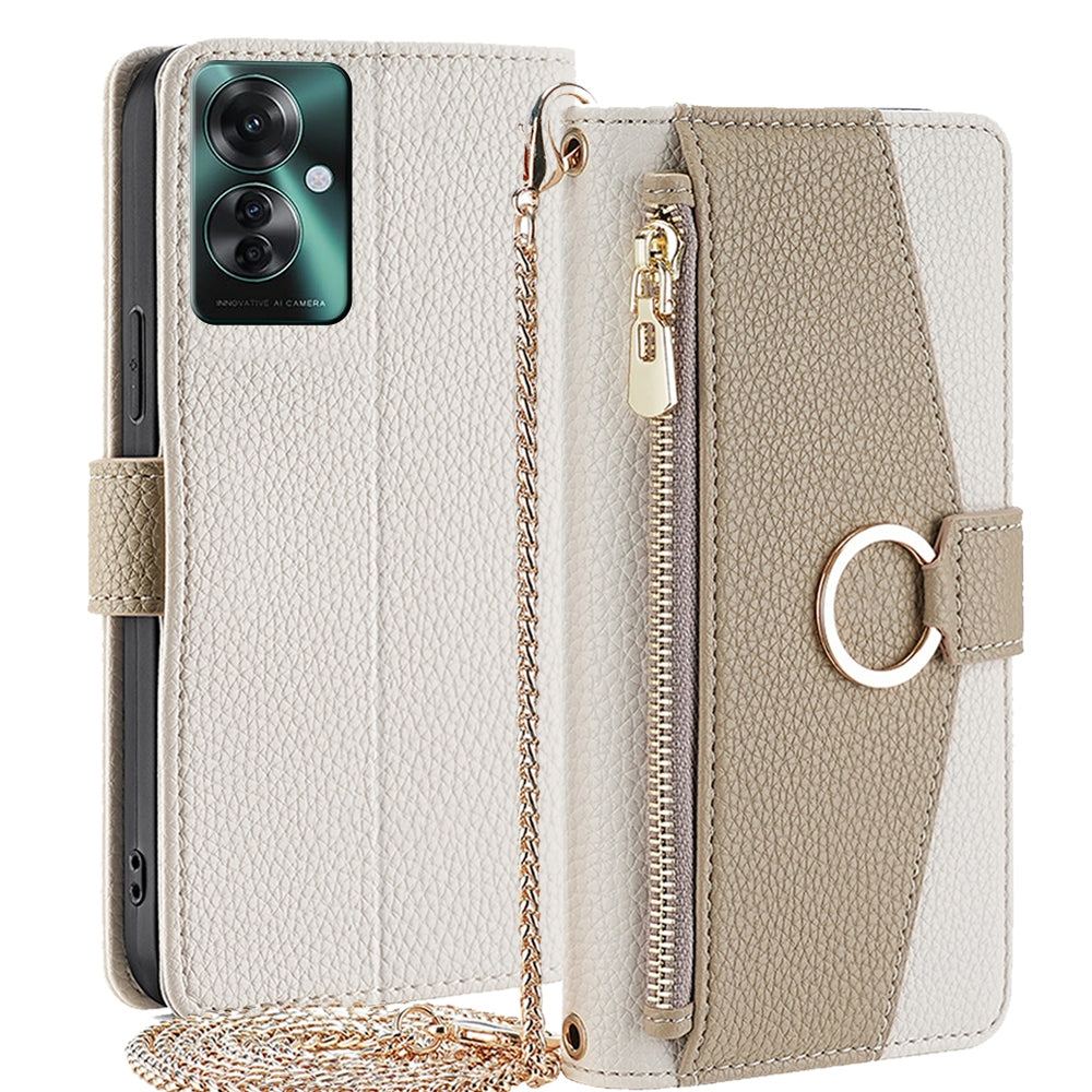 OPPO Reno11 F 5G Crossbody Phone Case with Litchi Texture Leather, Adjustable Kickstand, Card Slots, Zipper Purse, Makeup Mirror, and TPU Protection