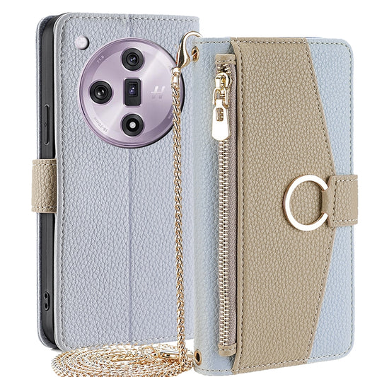 OPPO Find X7 5G Crossbody Phone Case with Litchi Texture Leather, Adjustable Kickstand, Card Slots, Zipper Purse, Makeup Mirror, and TPU Protection