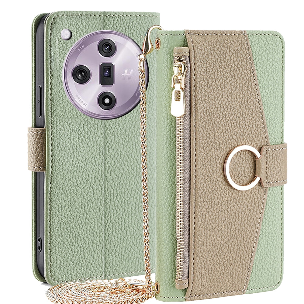 OPPO Find X7 5G Crossbody Phone Case with Litchi Texture Leather, Adjustable Kickstand, Card Slots, Zipper Purse, Makeup Mirror, and TPU Protection